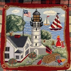 Lighthouse Nautical Sailboat Wool Needlepoint Pillow Cover NEW